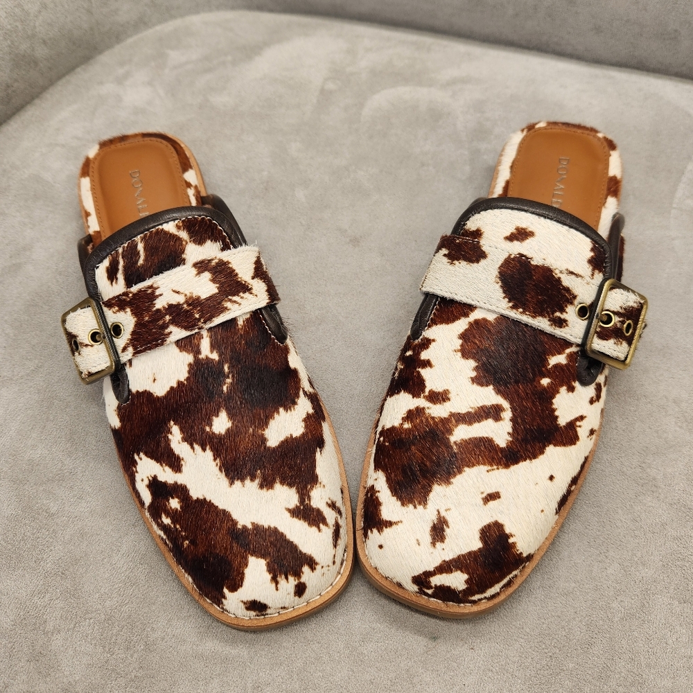 Donald Pliner Mules 8.5 Brown White Cow Hair Calf Leather Sabel Comfort New $200 - Picture 7 of 16